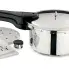 The 4-Quart Stainless Steel Pressure Cooker with the pressure regulator, instruction book, and cooking rack alongside.