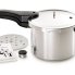 The 6-Quart Aluminum Pressure Cooker with the pressure regulator, cooking rack, and instruction book alongside.