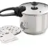The 6-Quart Stainless Steel Pressure Cooker with the cooking rack and instruction book alongside.