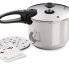 The 6-Quart Stainless Steel Pressure Cooker with the cooking rack and instruction book alongside.