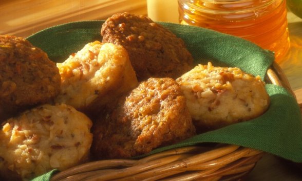 Snowy Pear and Sunrise Surprise muffins in a basket.