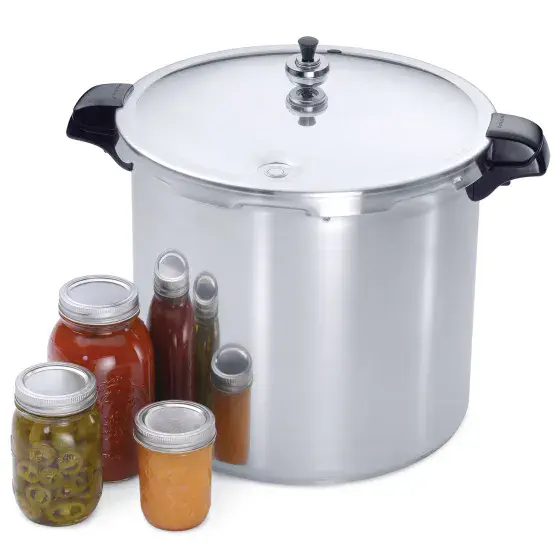 01785 21-litre Induction Compatible Pressure Canner with three jars of canned food.