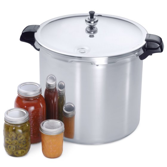 01785 21-litre Induction Compatible Pressure Canner with three jars of canned food.